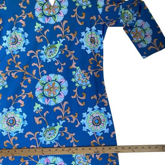 J. McLaughlin Shift Dress L Blue Floral Knee Length 3/4 Sleeve Career Party - Picture 5 of 7